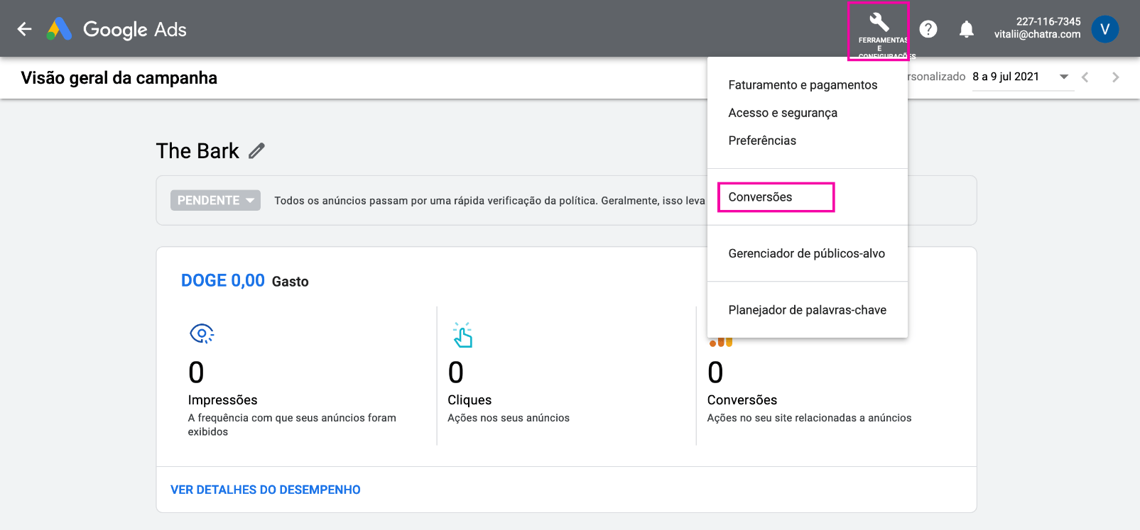 Captura de tela: como abrir a seção de Conversões