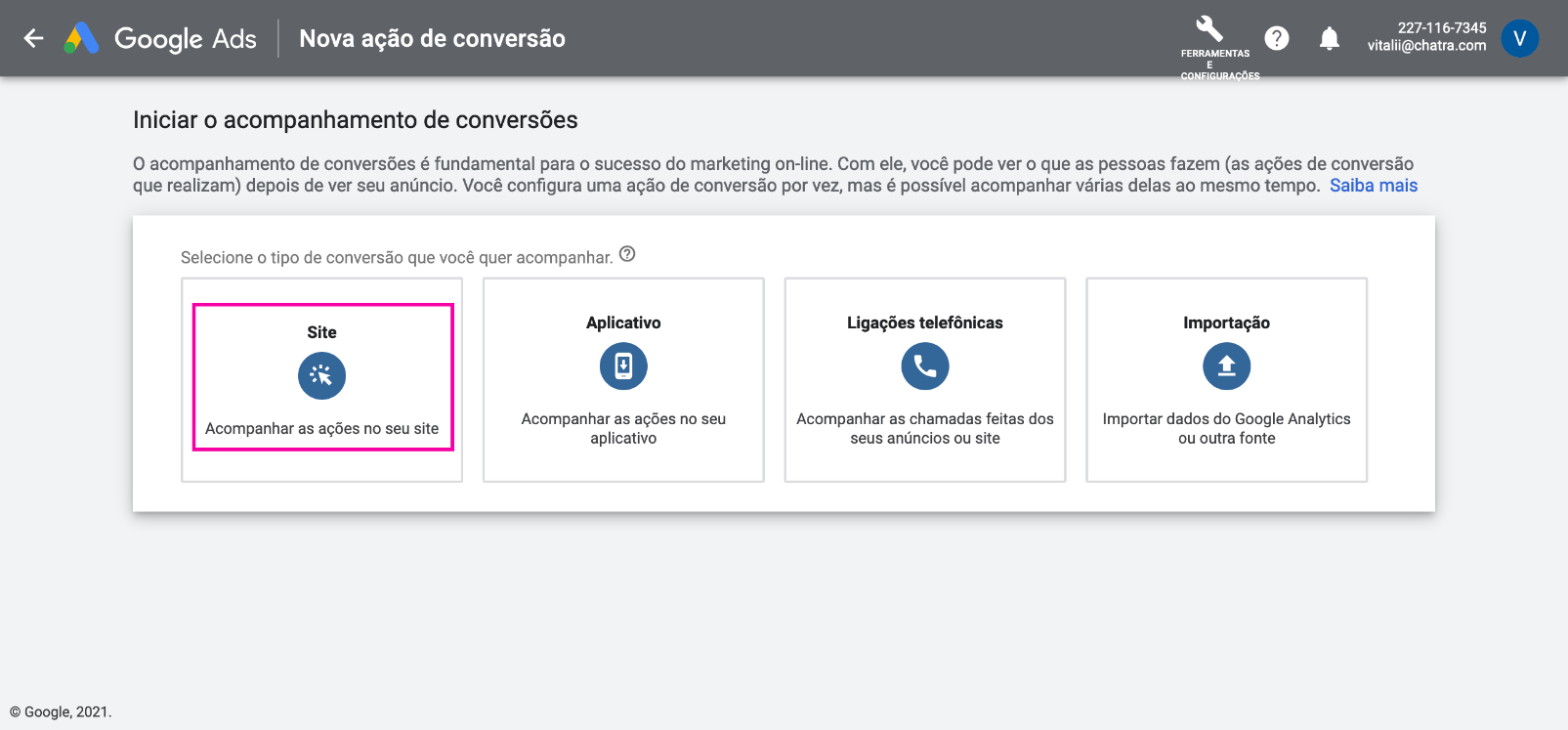 Captura de tela: tipo de conversão no Google Ads