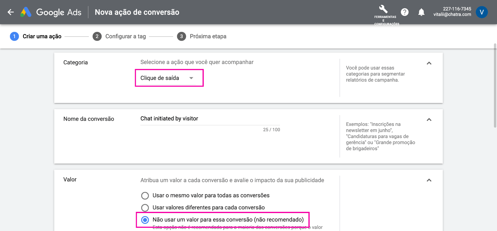 Captura de tela: crie uma conversão no Google Ads