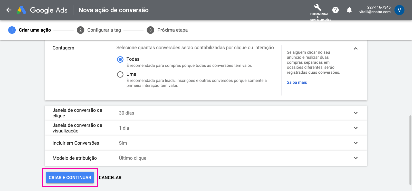 Captura de tela: criar uma conversão no Google Ads