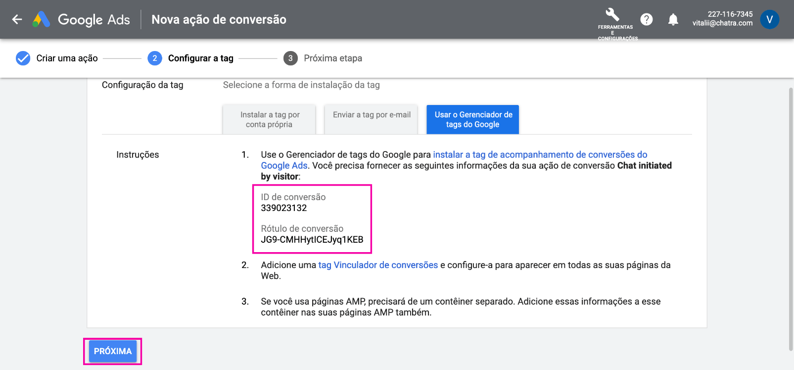 Captura de tela: ID da conversão
