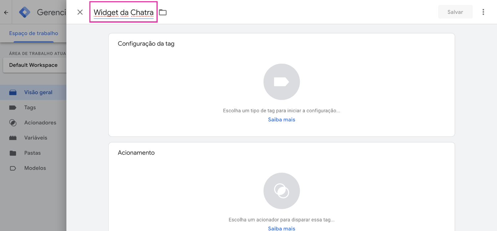 Captura de tela do painel de controle do GTM: como configurar a tag da Chatra