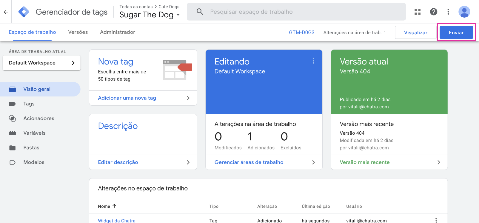 Captura de tela do painel de controle do GTM: publicando uma nova versão