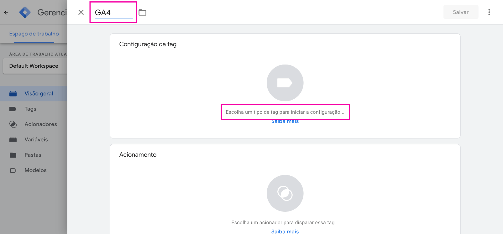 Captura de tela do painel de controle do GTM: como adicionar uma nova tag