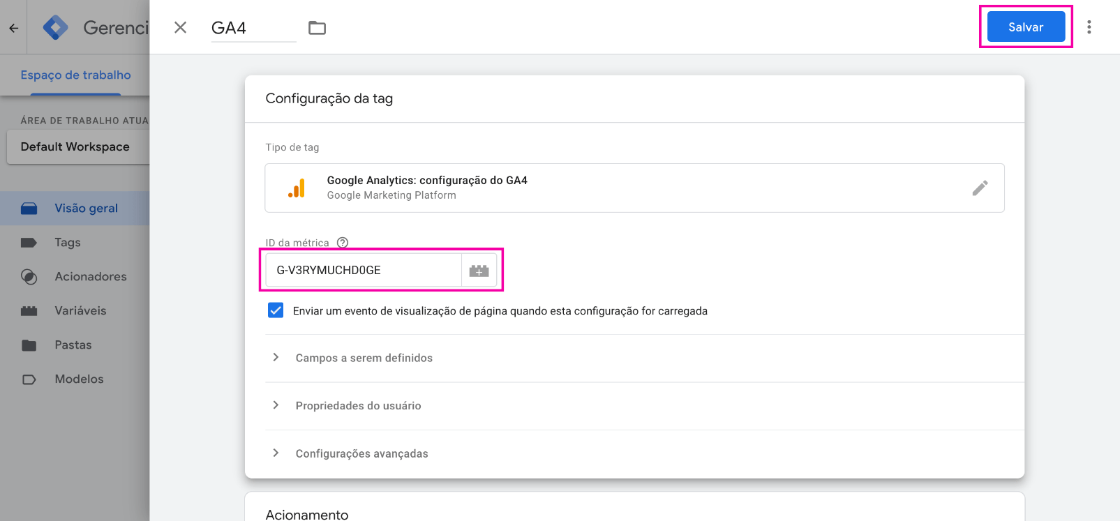 Captura de tela do painel de controle do GTM: como definir a Configuração da tag no GA4