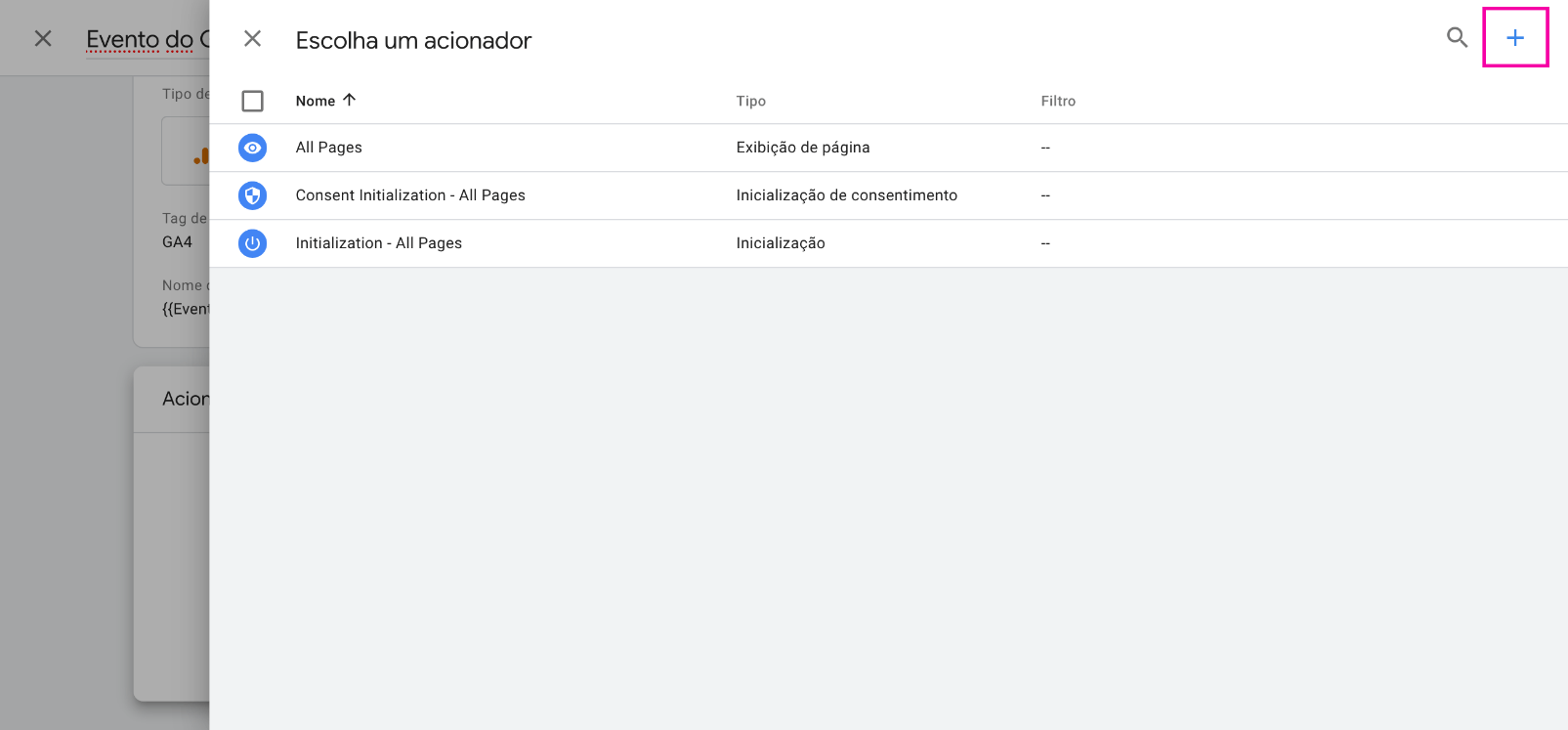 Captura de tela do painel de controle do GTM: como criar um acionador do Evento do GA4