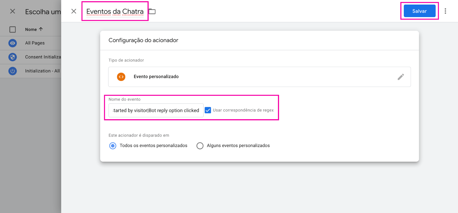 Captura de tela do painel de controle do GTM: como criar o acionador para eventos da Chatra