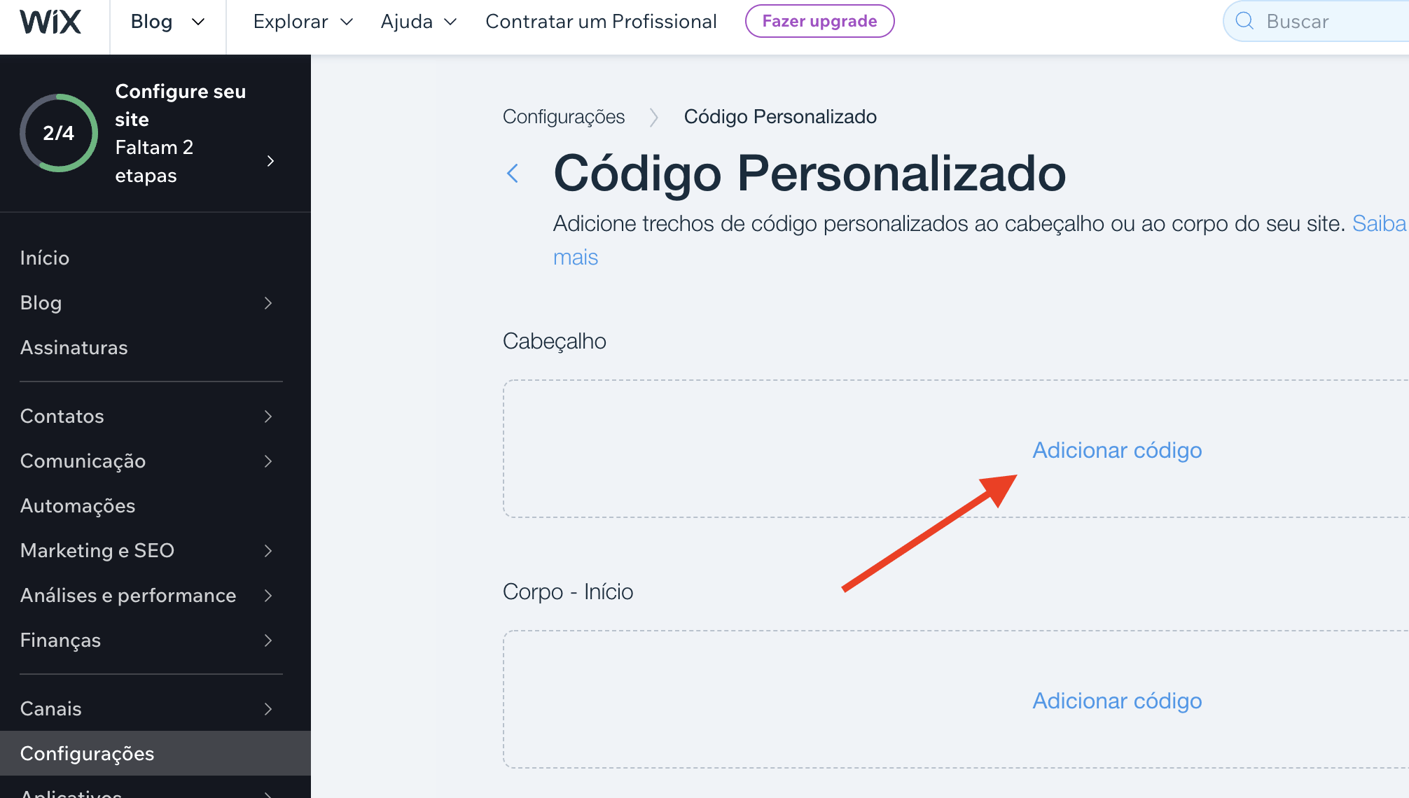 Wix site editor screenshot: 'Add code' button