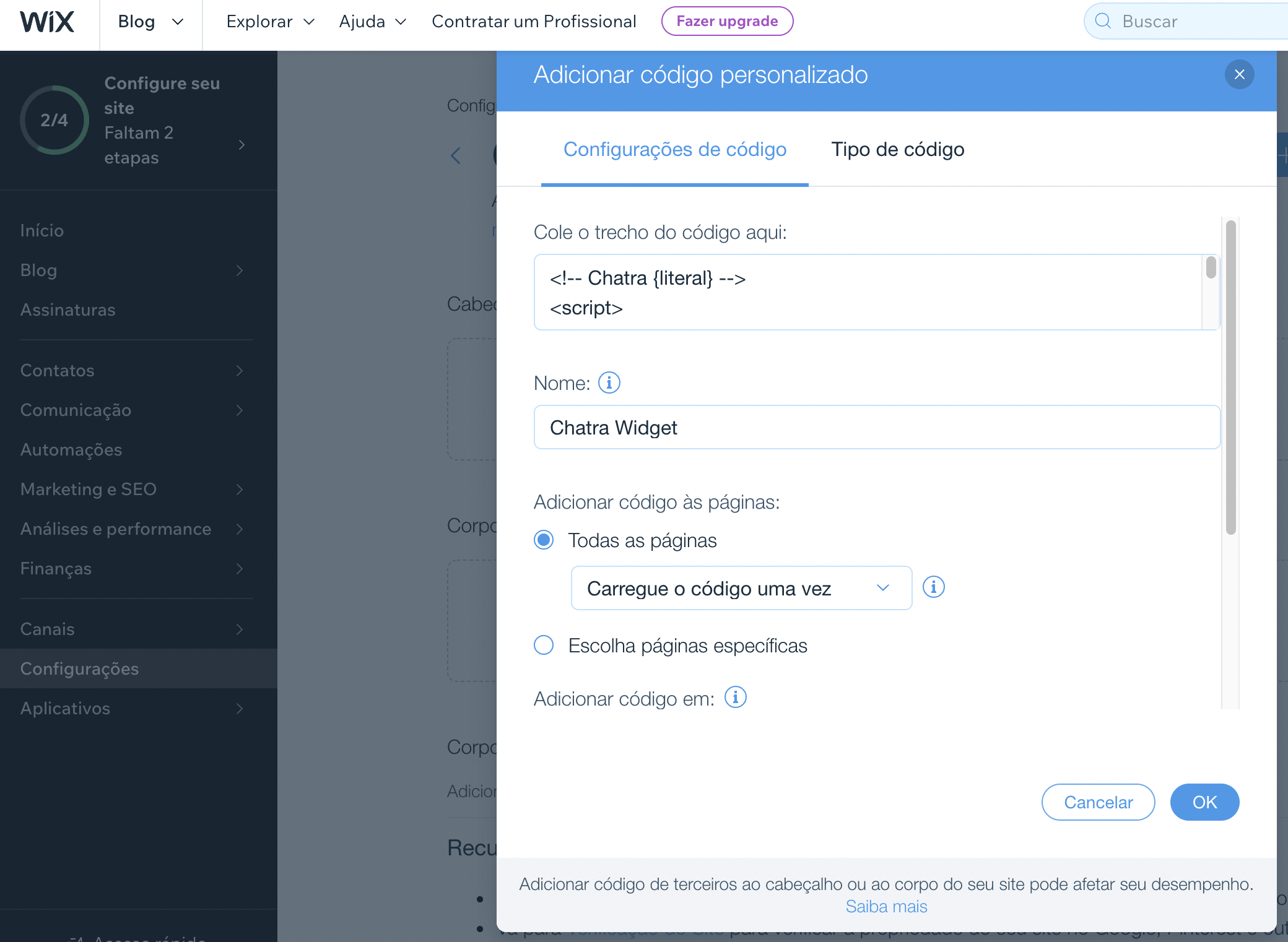 Wix site editor screenshot: 'Paste the code snipped here' block